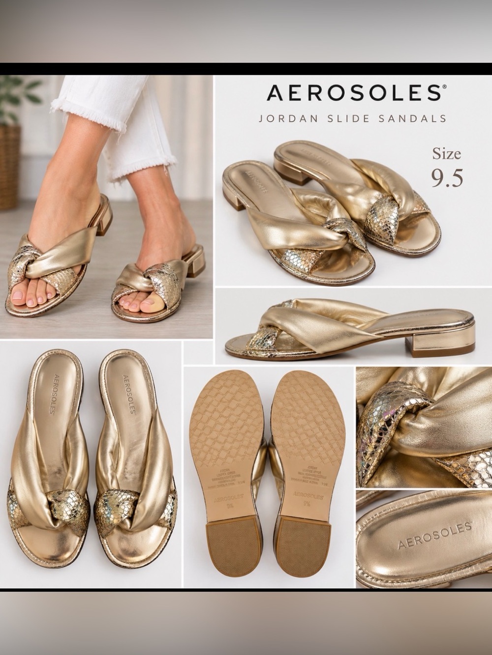 Aerosoles Jordan Gold Metallic Leather Slide Sandals Size 9.5